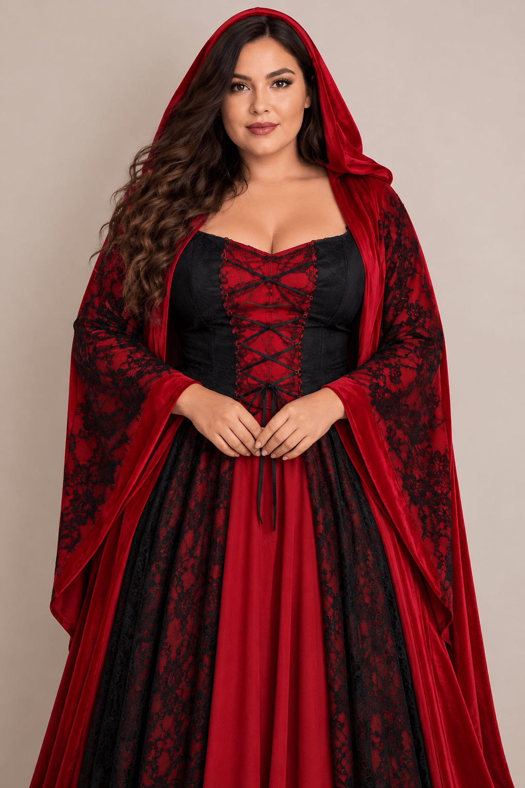 Plus size woman in a red velvet hooded gown with a black lace corset bodice, plus size Halloween costume