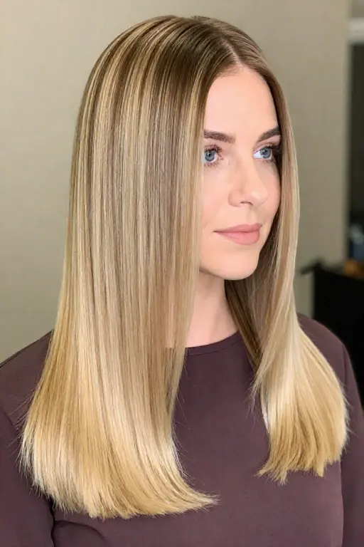 Reverse Money Piece Light blonde hair with dark brown reverse money piece highlights