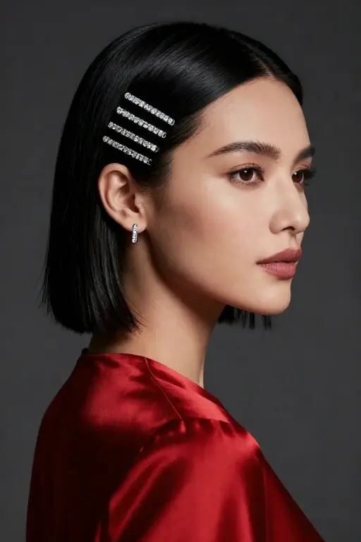 Rhinestone Clips on a Sleek Part Sleek side-parted hair with rhinestone clips above the ear