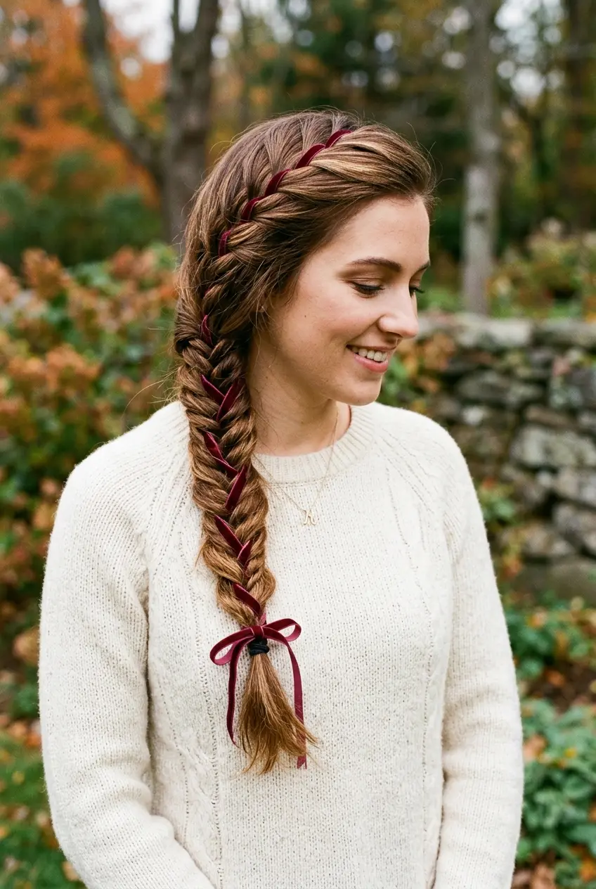 Ribbon Woven Braid Side braid woven with a burgundy ribbon for a festive holiday hairstyle