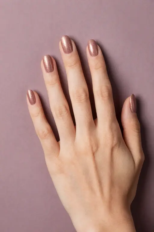 Rose Bronze Short almond nails with glossy rose bronze polish for late fall nail ideas
