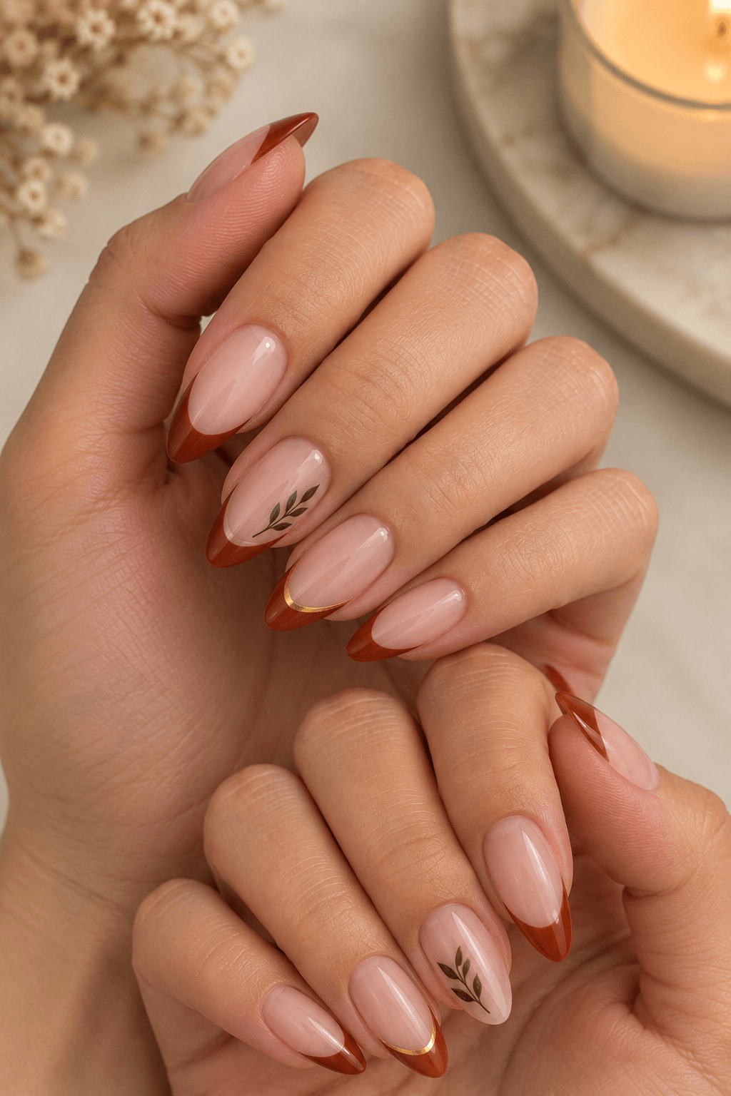 Rust French Tips With a Gold Line Rust French Tips With a Gold Line