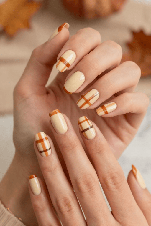 Rust and Cream Plai Rust and Cream Plaid Thanksgiving Nail