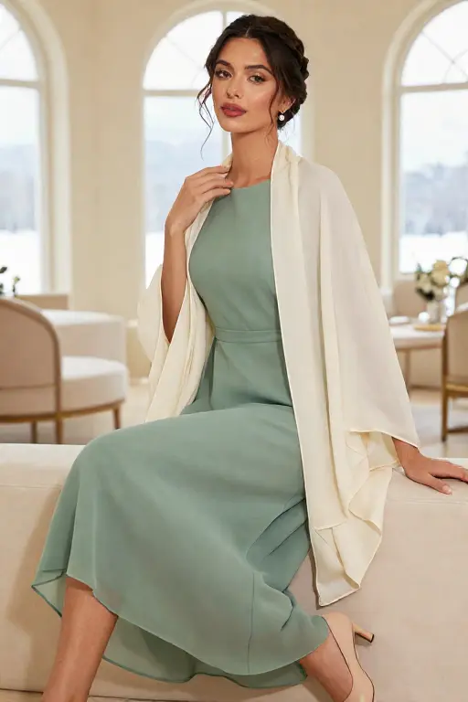 Sage Chiffon Midi Dress with Bishop Sleeves and a Pashmina Sage green chiffon midi dress with bishop sleeves and a cream pashmina for a winter wedding guest look