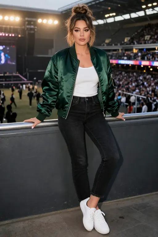 Satin Bomber Jacket over a White Tank with Black Jeans and Clean Sneakers Concert Outfit Satin Bomber Jacket over a White Tank with Black Jeans and Clean Sneakers