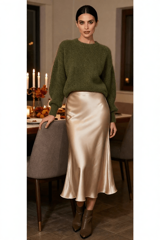 Satin Midi Skirt with a Chunky Sweater