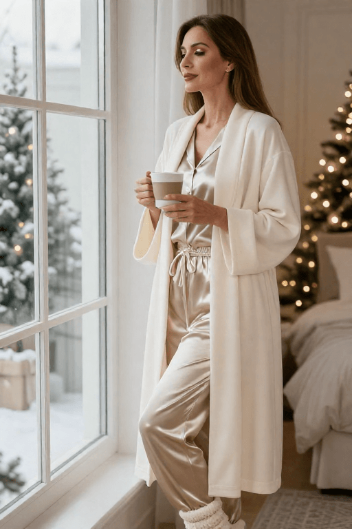 Satin Pajamas with Cozy Robe Satin Pajamas with a Long Cozy Robe