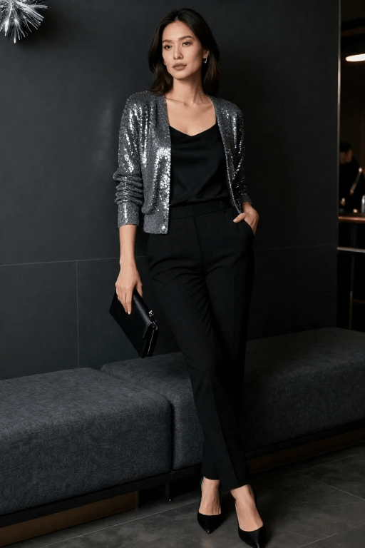 Sequin Cardigan with Black Camisole and Trousers Sequin Cardigan over a Black Camisole and Trousers
