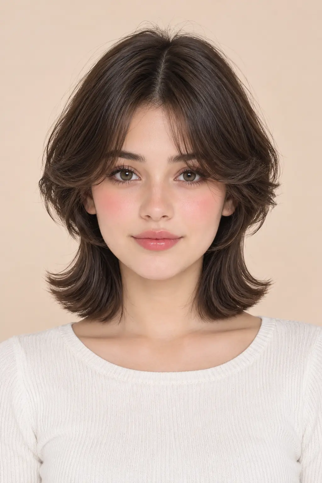 Short Jellyfish Cut Woman with a short brown jellyfish haircut featuring soft layered locks and flipped ends