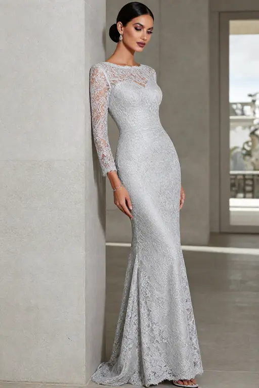 Silver Gray Lace Gown with Long Sleeves Silver gray lace gown with long sleeves and delicate lace detailing for an elegant winter wedding