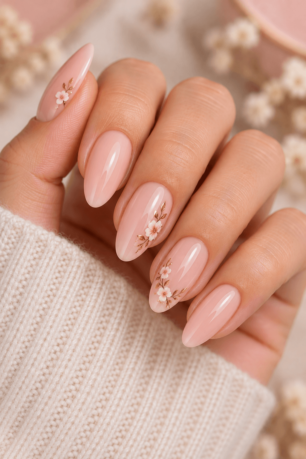Small Decal Accent Small Decal Accent: Short almond sheer pink nails with one small star decal on the ring finger