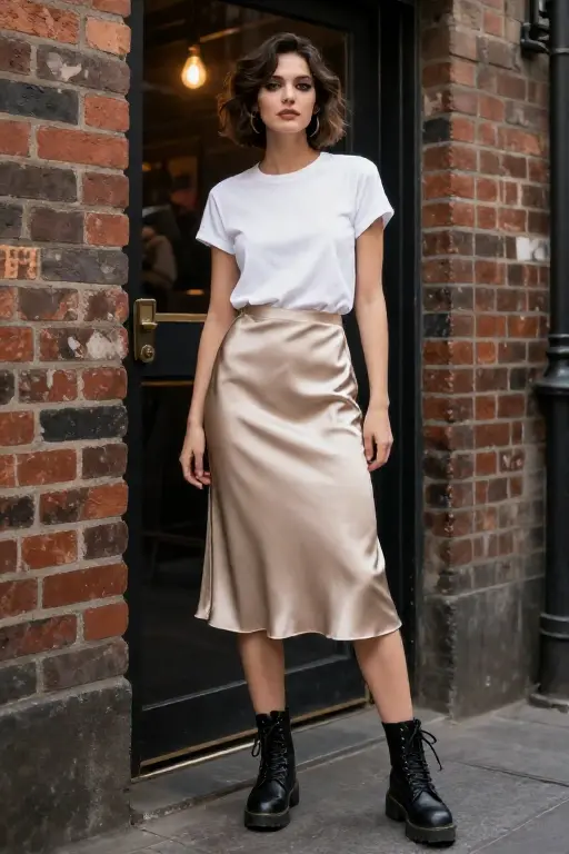 Small Venue and Club Show Concert Outfit Ideas 6. Slip Skirt with a Baby Tee and Combat Boots