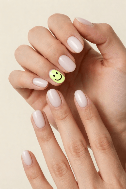 Smiley Face: Short oval milky nails with a yellow smiley face on one accent nail
