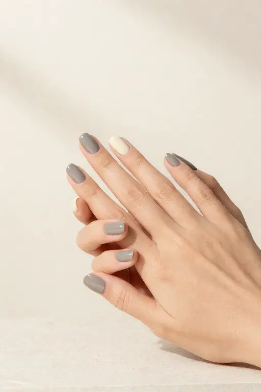 Smoky Greige Short nails in smoky greige and off white polish for late fall