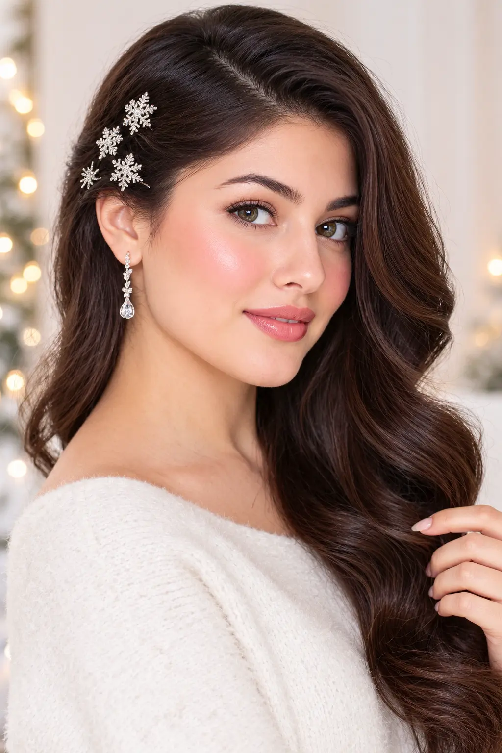 Snowflake Pins on a Side Sweep Side-swept hairstyle decorated with silver snowflake hairpins