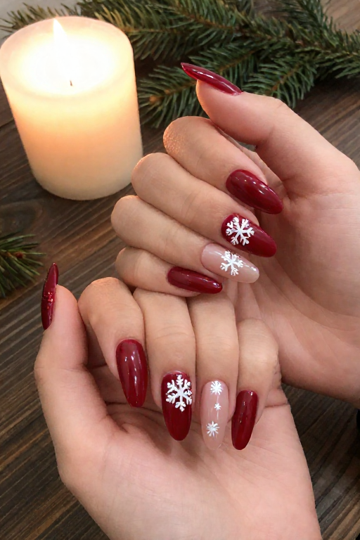 Snowflakes on a Red Base Snowflakes on a Red Base Christmas Nail