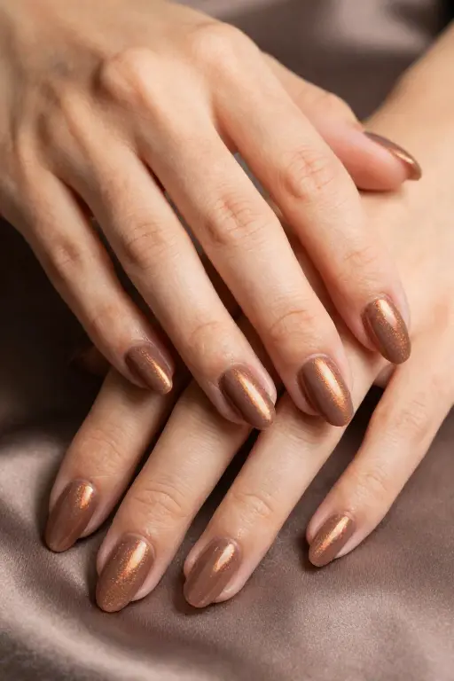 Soft Bronze Soft bronze metallic nails for late fall, perfect as one of your November nail ideas