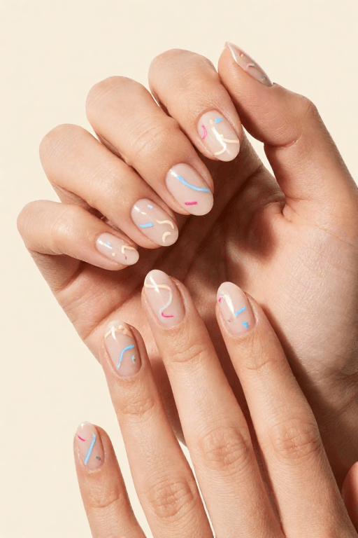Squiggles: Medium oval sheer nude nails with colorful loose squiggles