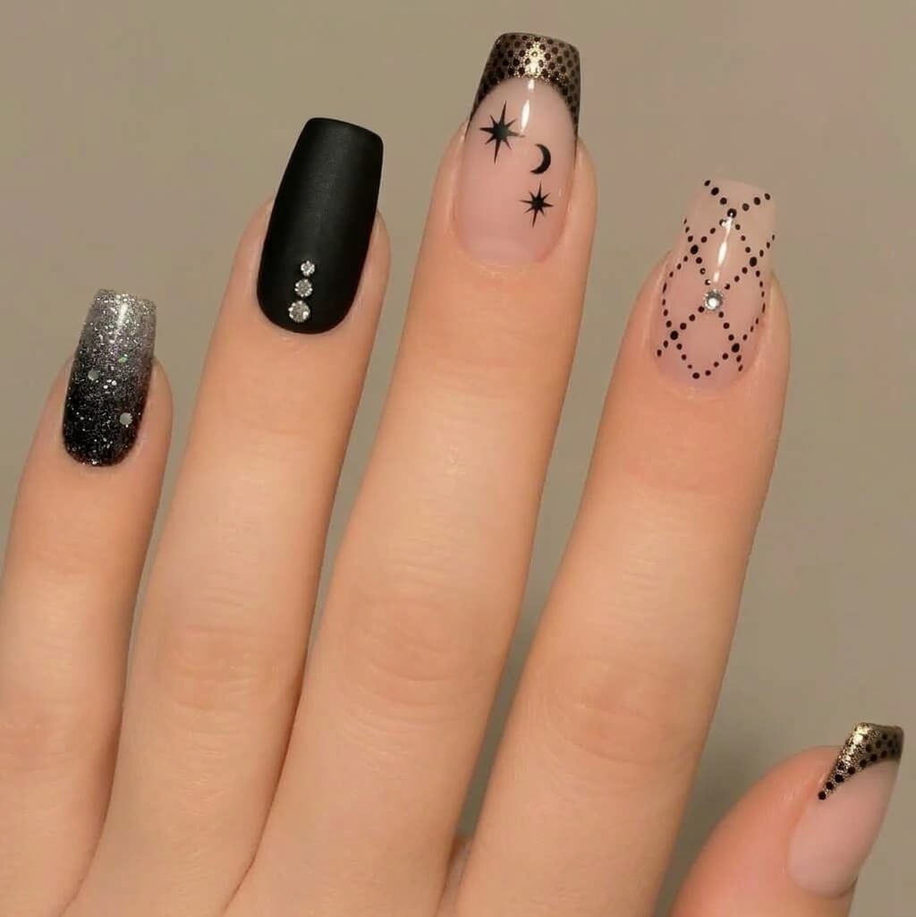 Stars, Moon, and Fishnet Dot Stars, Moon, and Fishnet Dots Nail design