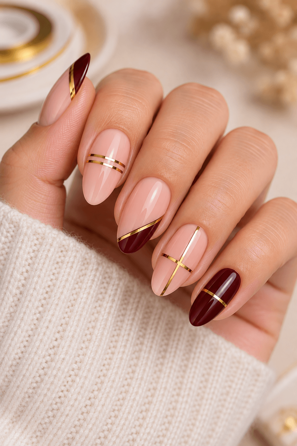 Striping Tape Line Striping Tape Line: Long square deep navy nails with one thin cream line across each accent nail