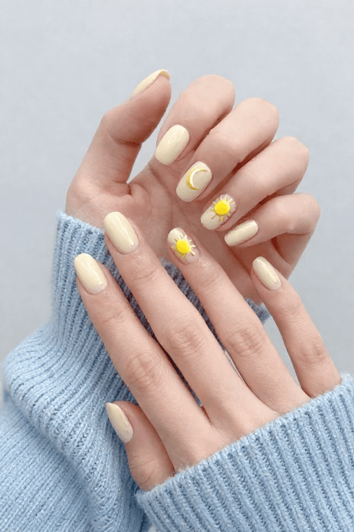 Sun and Moon: Short almond cream nails with a small yellow sun and a crescent moon on two accent nails