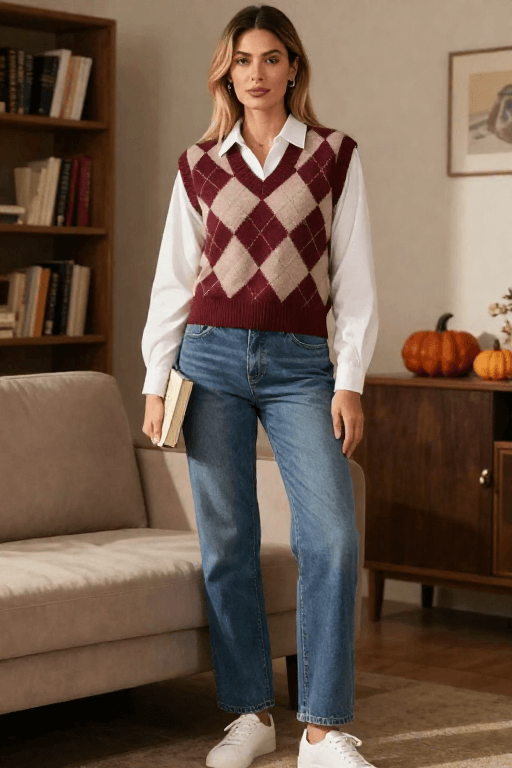 Sweater Vest with a White Shirt and Straight Leg Jeans