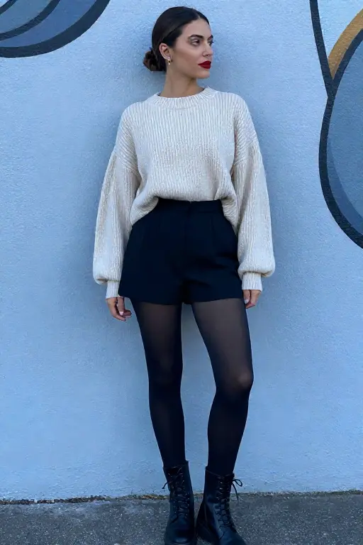 Tailored Black Shorts over Opaque Tights with an Oversized Knit and Lace Up Boots Concert Outfit Tailored Black Shorts over Opaque Tights with an Oversized Knit and Lace Up Boots