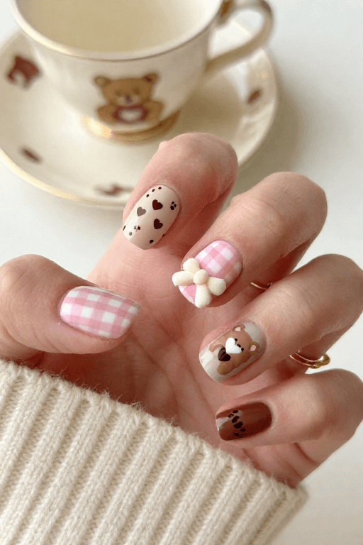 Teddy Bear and Paw Prints on Short Nails: Short square nails with a painted teddy bear face and brown paw prints
