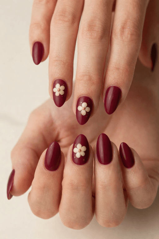 Tiny Cream Flowers on Burgundy Tiny Cream Flowers on Burgundy Thanksgiving Nail
