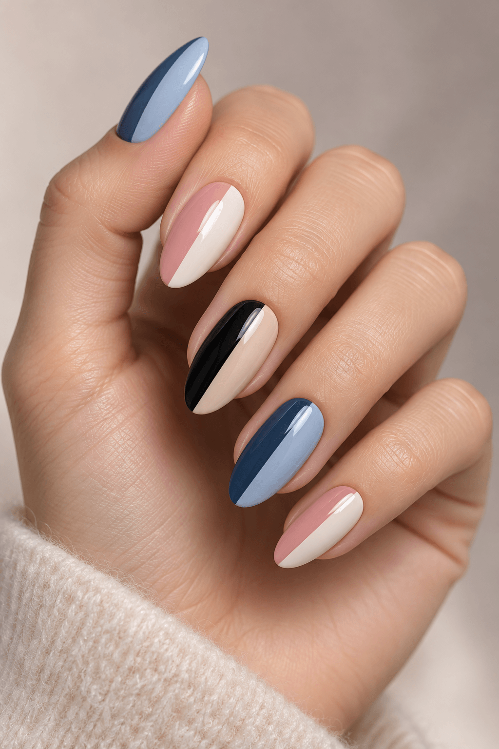 Two-Tone Halves Two-Tone Halves: Medium squoval nails split down the middle in soft pink and cream