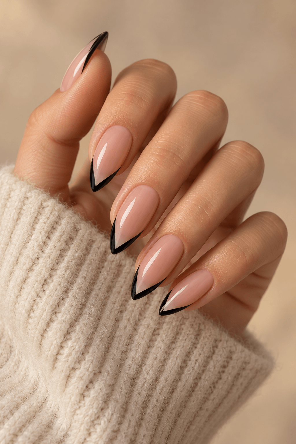 V Notch V Notch: Medium coffin sheer nude nails with a thin black and white V shape at the tips