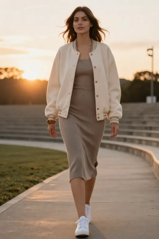 Varsity Jacket over a Ribbed Midi Dress with Sneakers Outdoor Concert Outfit Varsity Jacket over a Ribbed Midi Dress with Sneakers