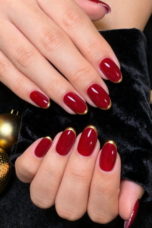 Velvet Red With a Gold Tip Line Velvet Red With a Gold Tip Line Christmas Nail