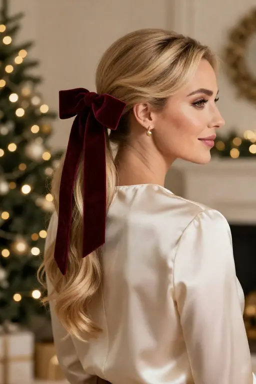 Velvet Ribbon Bow Ponytail Velvet ribbon bow ponytail for a festive holiday party hairstyle