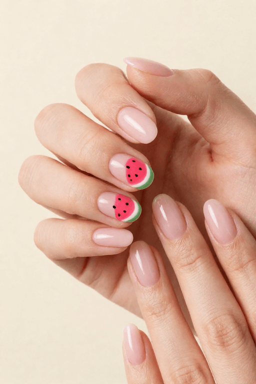 Watermelon Slices: Medium squoval sheer pink nails with a watermelon slice on one accent nail