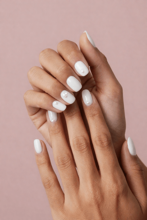 White nails with two tiny pearls near the cuticle