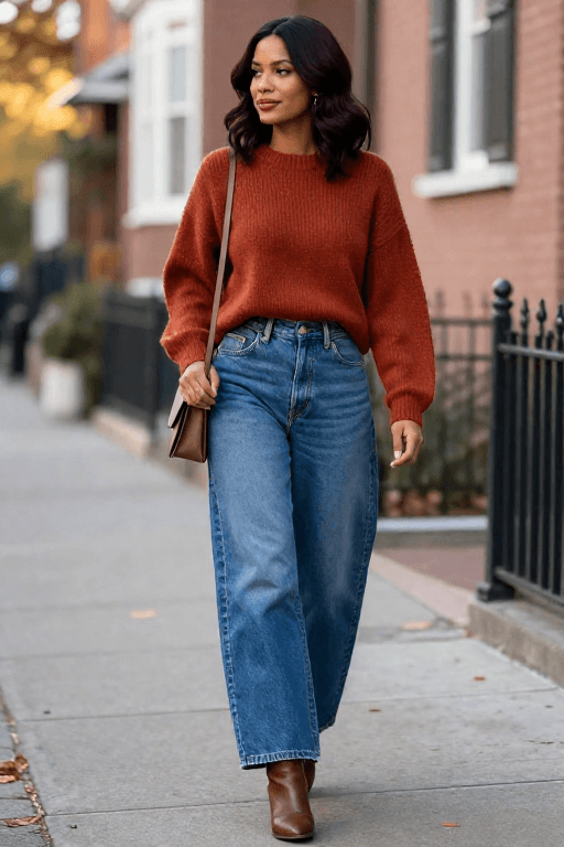 Wide Leg Jeans with a Cropped Rust Sweater