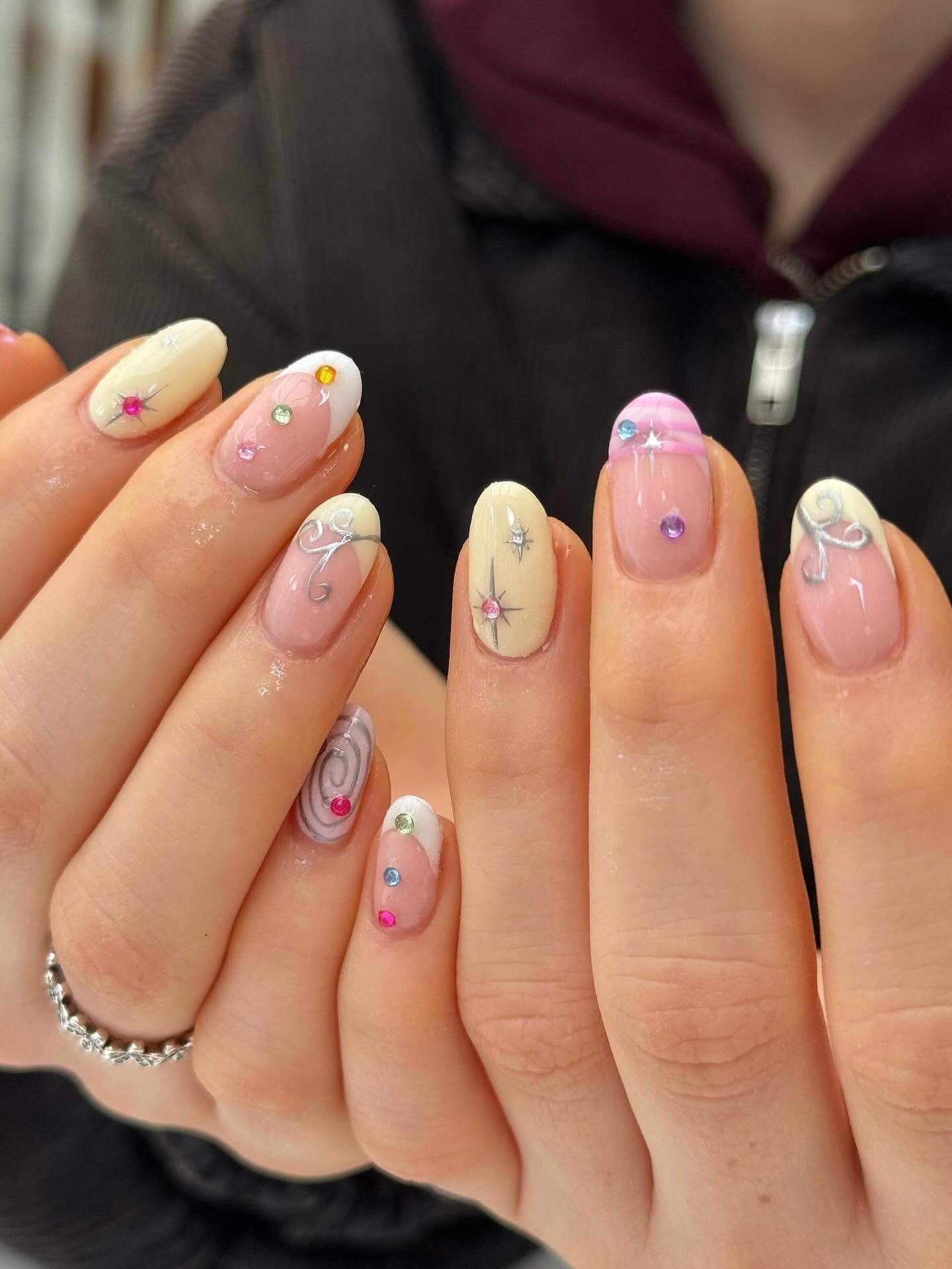 amylouiseenails Butter Yellow Mismatched Pastels with Colorful Gems Butter Yellow Mismatched Pastels with Colorful Gems