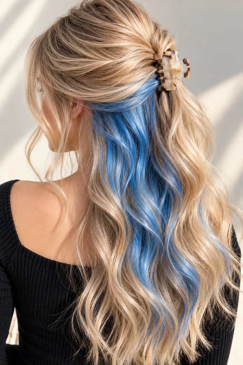 Sky blue peekaboo highlights under blonde hair