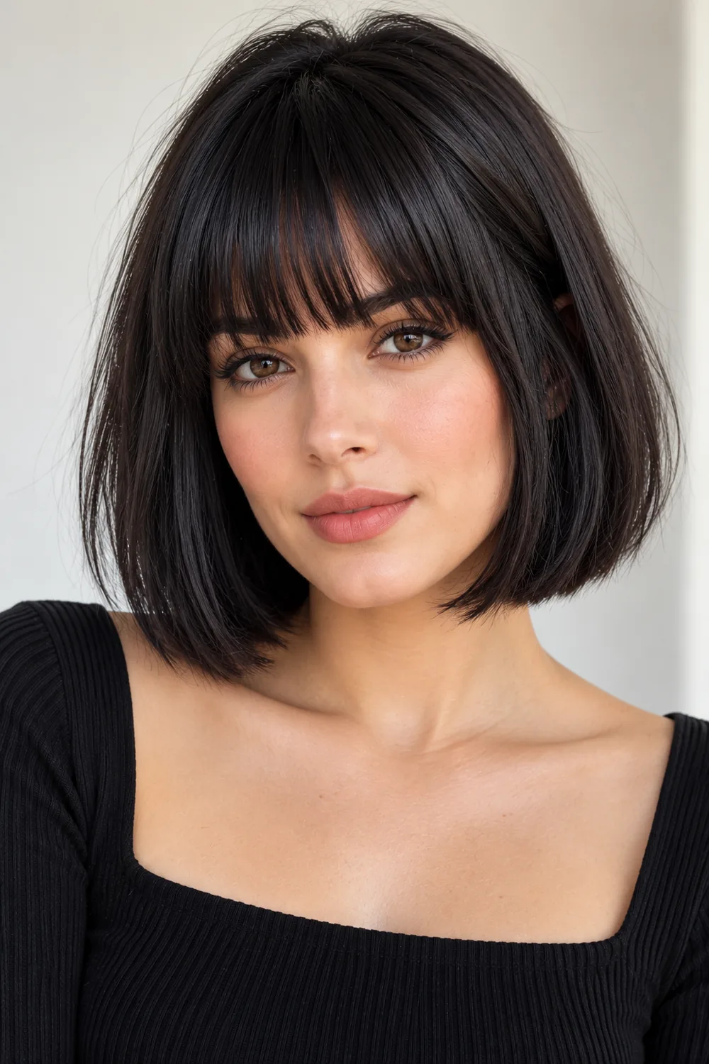 Blunt bangs with a straight bob haircut covering the forehead
