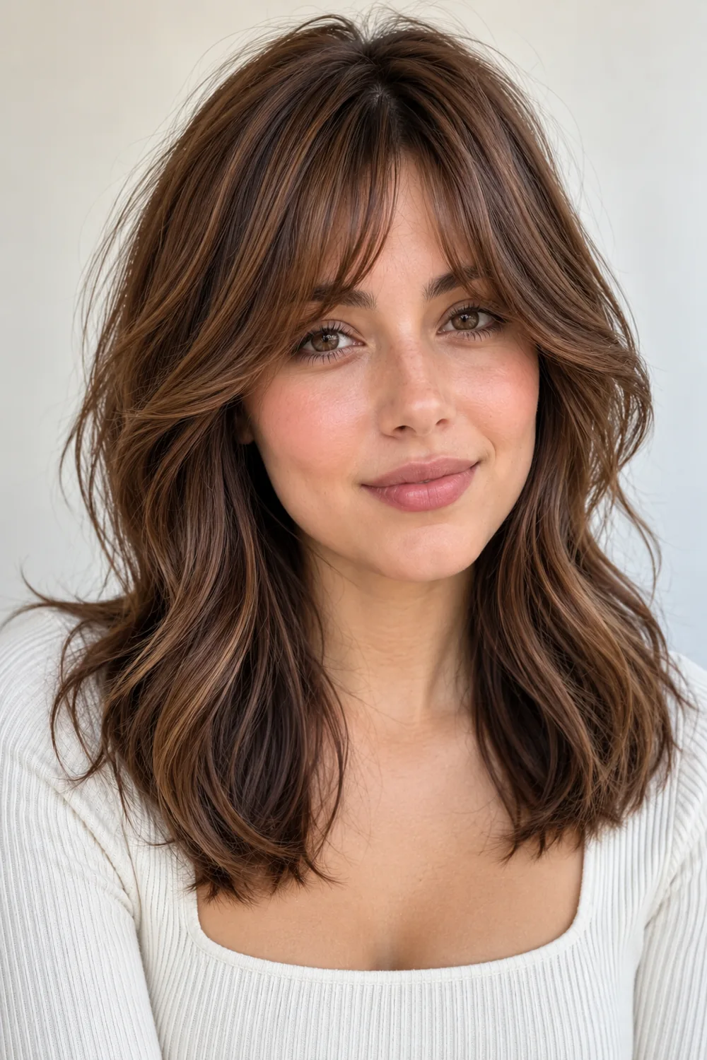 Bottleneck bangs on medium-length hair for a big forehead