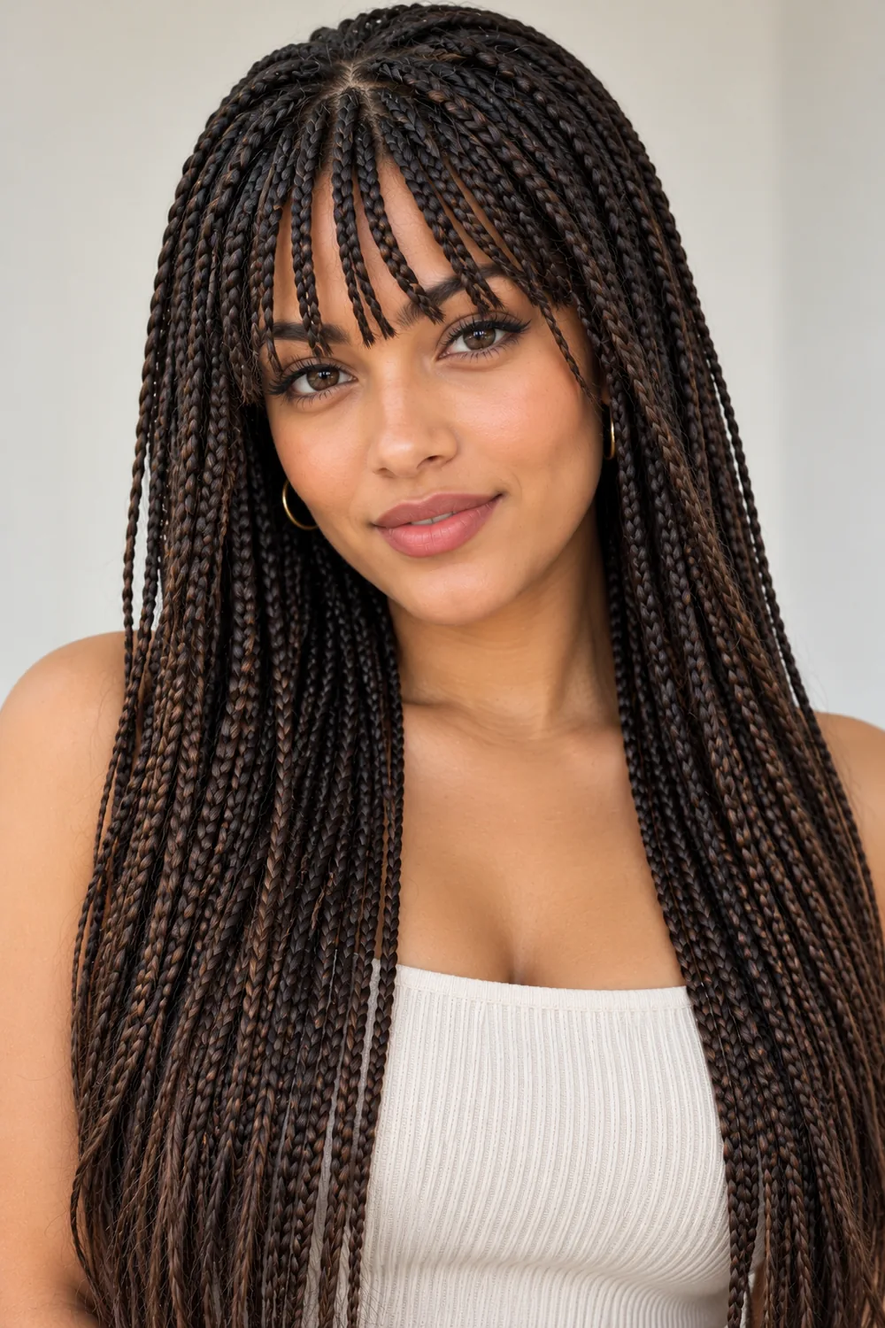 Box braids with braided bangs covering a big forehead