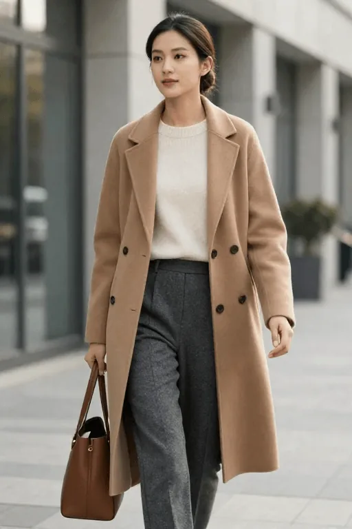 Camel Wool Coat with Gray Wool Trousers and Merino Sweater Winter Work Outfit Camel Wool Coat over Gray Wool Trousers and a Merino Sweater