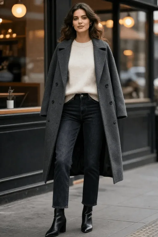 Cashmere Crewneck with Dark Straight Jeans and a Long Charcoal Coat Winter Date Outfit Cashmere Crewneck with Dark Straight Jeans and a Long Charcoal Coat