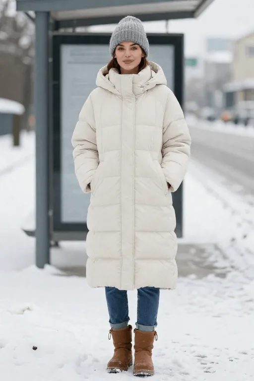 Casual Winter Outfits Long Puffer Coat with Lined Jeans and Duck Boots Winter Outfit