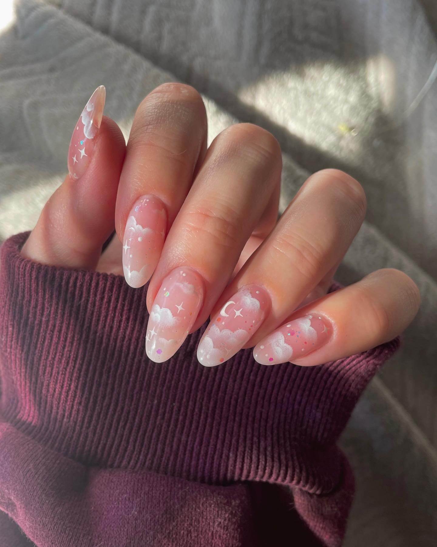 White Clouds with Tiny Stars on Sheer Pink