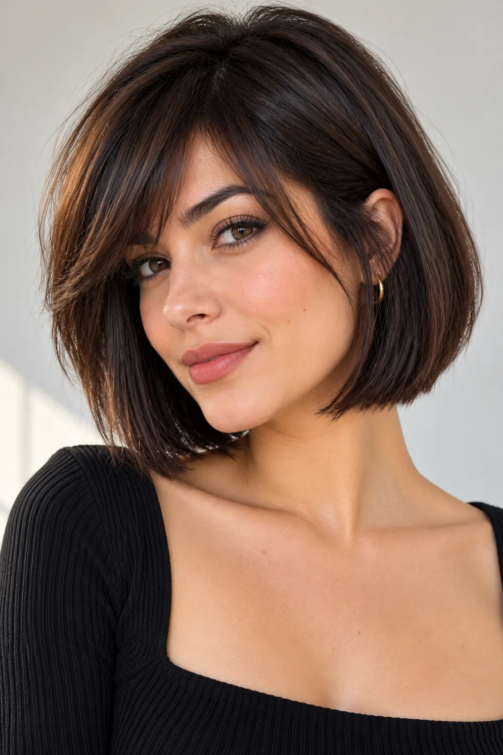 Chin-length bob with side-swept bangs for a big forehead