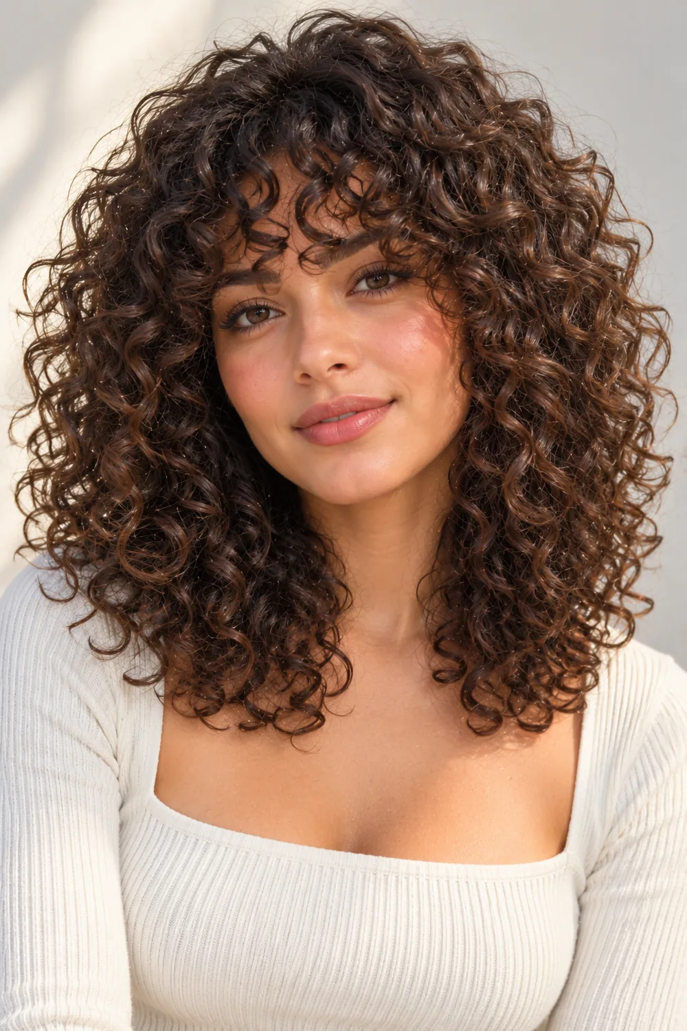Curly bangs on natural curly hair covering a large forehead