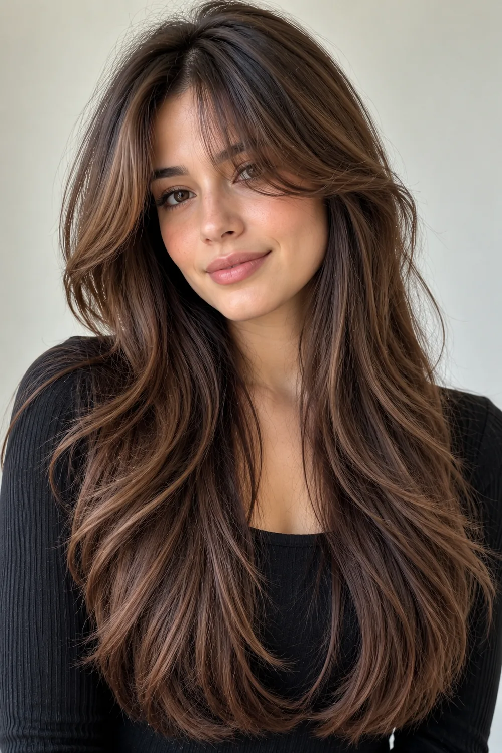 Curtain bangs with long layers framing a big forehead