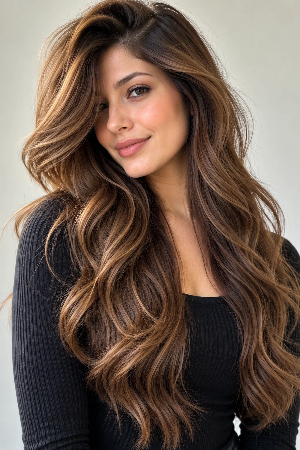 Deep side part with soft waves to balance a big forehead
